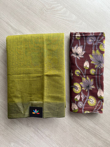Deep Olive Shade Plain Mangalagiri Cotton Saree with Printed Cotton Blouse - 32315_32316