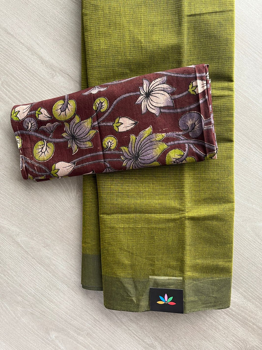Plain Mangalagiri Cotton Saree with Printed Cotton Blouse - 32315_32316