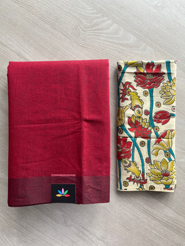 Cherry Red Plain Mangalagiri Cotton Saree with Printed Cotton Blouse - 32317_32318