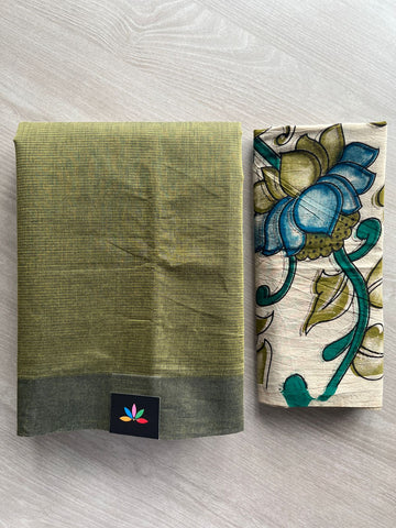Olive Green Plain Mangalagiri Cotton Saree with Printed Cotton Blouse - 32319_32320