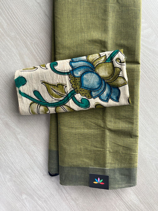 Plain Mangalagiri Cotton Saree with Printed Cotton Blouse - 32319_32320