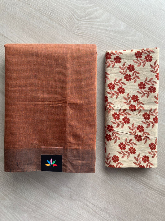 Sienna Shade Plain Mangalagiri Cotton Saree with Printed Cotton Blouse - 32321_32322