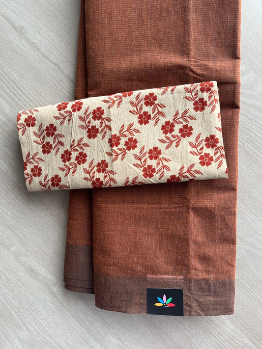 Sienna Shade Plain Mangalagiri Cotton Saree with Printed Cotton Blouse - 32321_32322