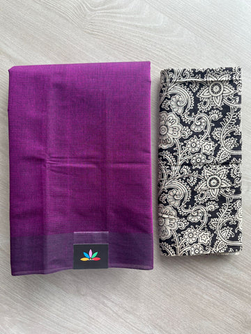 Rich Purple Plain Mangalagiri Cotton Saree with Printed Cotton Blouse - 32323_32324