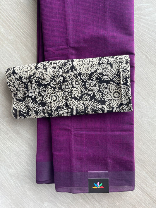 Rich Purple Plain Mangalagiri Cotton Saree with Printed Cotton Blouse - 32323_32324