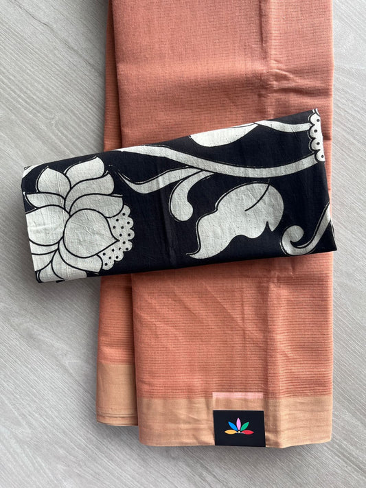 Dark Peach Plain Mangalagiri Cotton Saree with Printed Cotton Blouse - 32325_32326