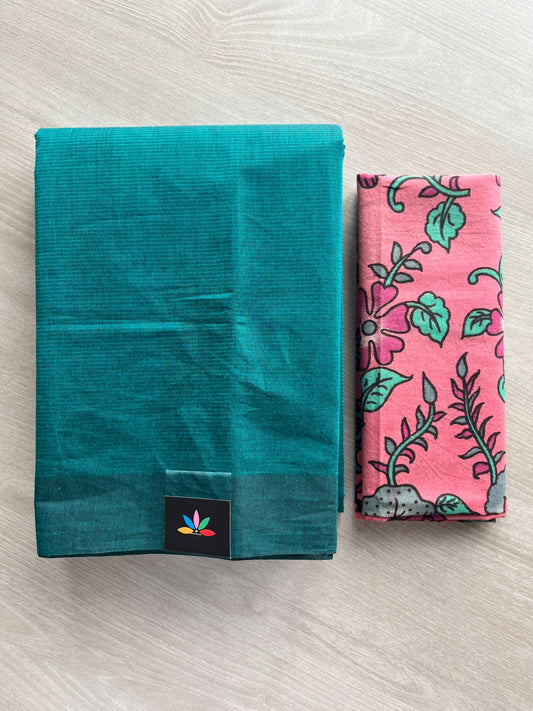 Teal Blue Plain Mangalagiri Cotton Saree with Printed Cotton Blouse - 32327_32328