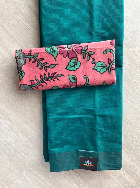 Teal Blue Plain Mangalagiri Cotton Saree with Printed Cotton Blouse - 32327_32328
