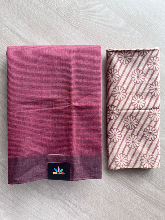 Light Maroon Plain Mangalagiri Cotton Saree with Printed Cotton Blouse - 32329_32330
