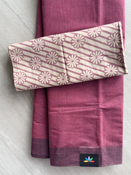 Light Maroon Plain Mangalagiri Cotton Saree with Printed Cotton Blouse - 32329_32330
