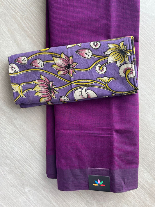 Rich Purple Plain Mangalagiri Cotton Saree with Printed Cotton Blouse - 32331_32332