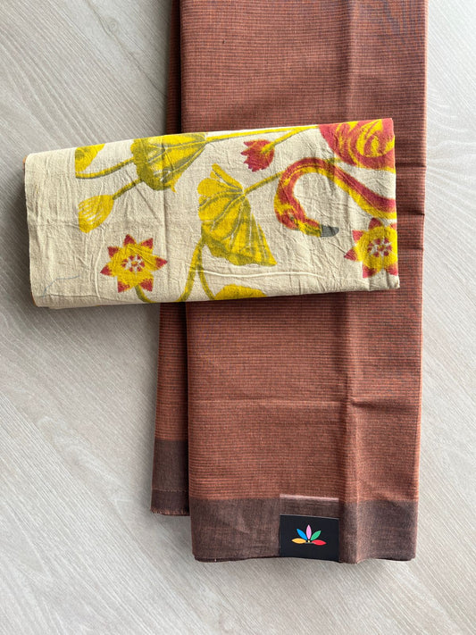 Chestnut Shade Plain Mangalagiri Cotton Saree with Printed Cotton Blouse - 32333