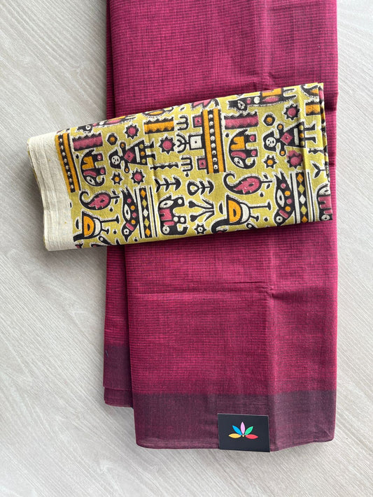 Burgundy Plain Mangalagiri Cotton Saree with Printed Cotton Blouse - 32334