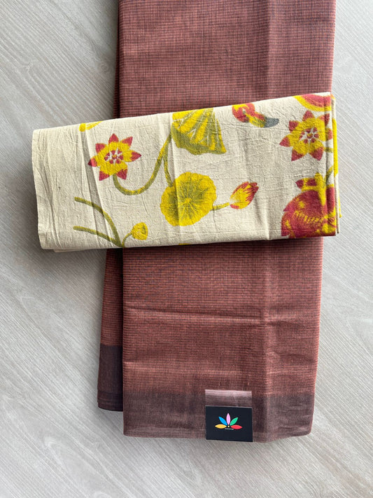Bole Brown Plain Mangalagiri Cotton Saree with Printed Cotton Blouse - 32335