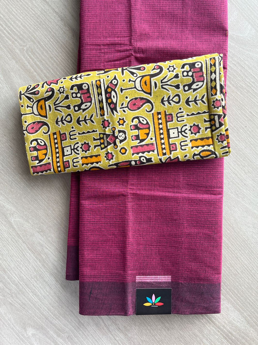 Rich Maroon Plain Mangalagiri Cotton Saree with Printed Cotton Blouse - 32336