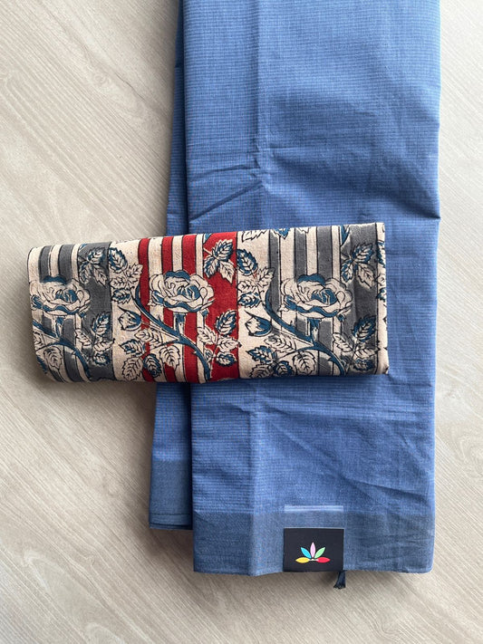 Steel Blue Plain Mangalagiri Cotton Saree with Printed Cotton Blouse - 35446