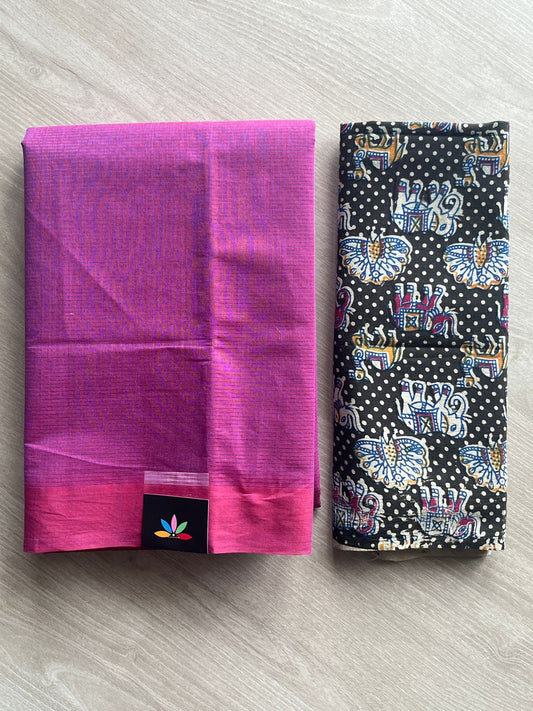 Deep Fuchsia Plain Mangalagiri Cotton Saree with Printed Cotton Blouse - 35451
