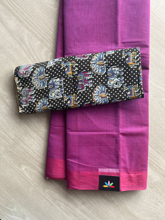 Deep Fuchsia Plain Mangalagiri Cotton Saree with Printed Cotton Blouse - 35451
