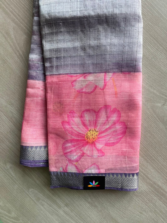 Purplish Grey Digital Printed Mangalagiri Silk Cotton Saree - 35412