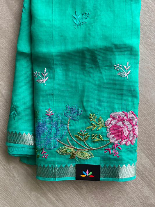 Persian Green Embroidered Handloom Mangalagiri Silk Cotton Saree - 35414