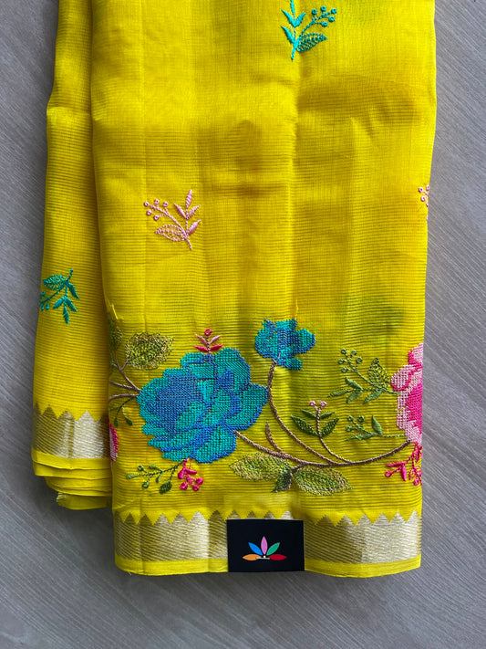 Energy Yellow Embroidered Handloom Mangalagiri Silk Cotton Saree - 35415