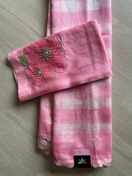 Digital Print Checks Mangalagiri Silk Cotton with Cut work Blouse -28611