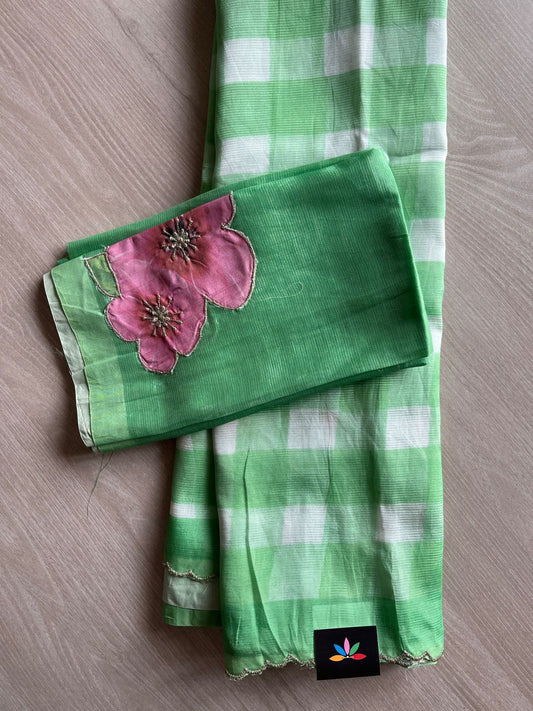 Digital Print Checks Mangalagiri Silk Cotton with Cut work Blouse -28614