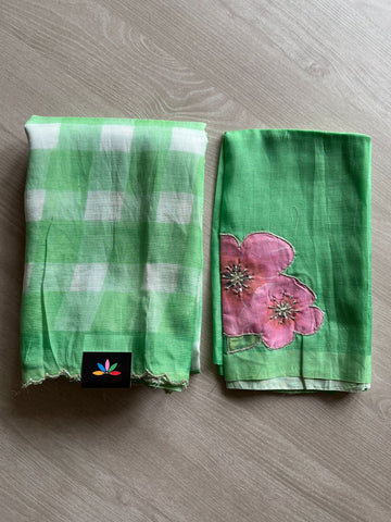 Mint Green & White Digital Print Checks Mangalagiri Silk Cotton with Cut work Blouse -28614