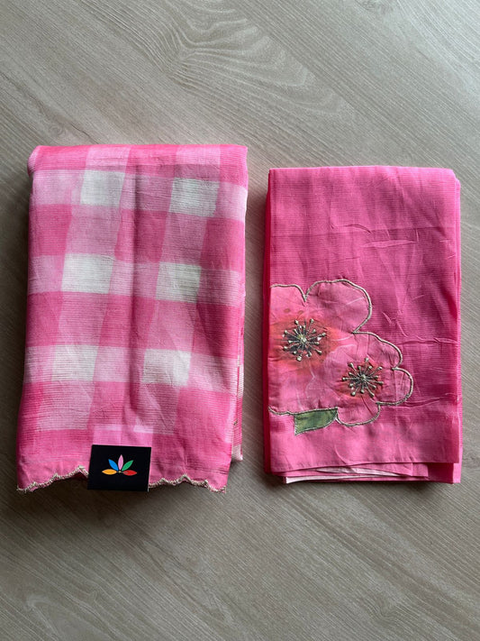 Digital Print Checks Mangalagiri Silk Cotton with Cut work Blouse -28615