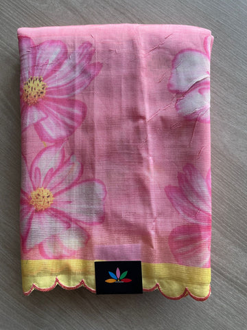 Salmon Pink Scallop Border Digital Printed Mangalagiri Silk Cotton Saree-30482