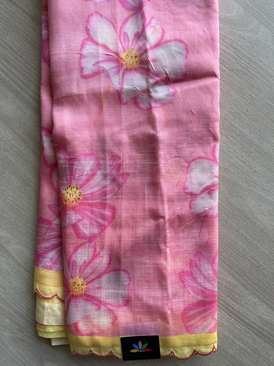 Salmon Pink Scallop Border Digital Printed Mangalagiri Silk Cotton Saree-30482