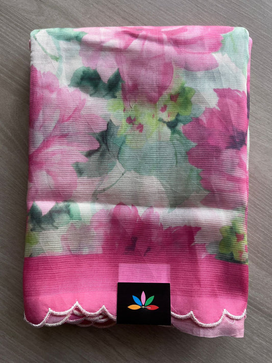 Off White & Pink Scallop Border Digital Printed Mangalagiri Silk Cotton Saree-30484