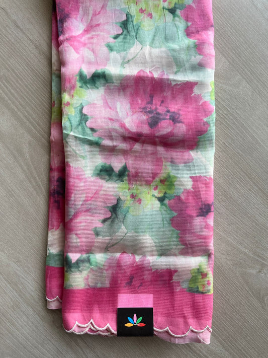 Off White & Pink Scallop Border Digital Printed Mangalagiri Silk Cotton Saree-30484