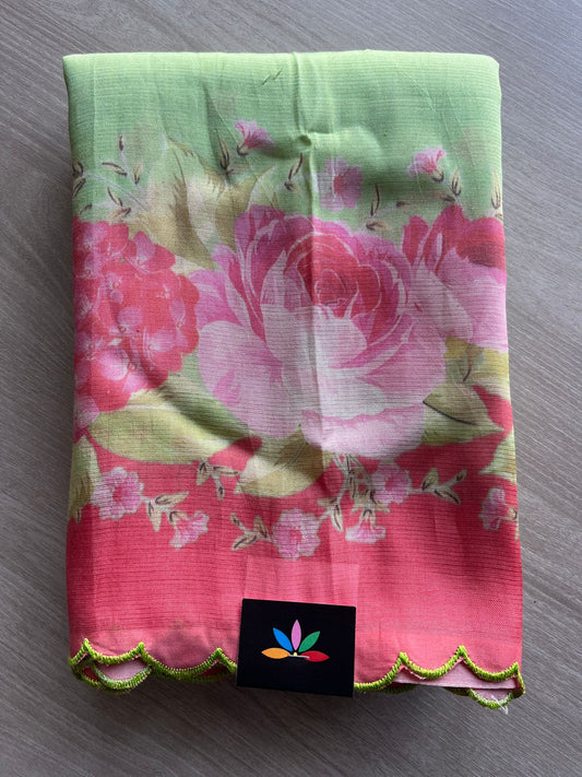 Pastel Green Scallop Border Digital Printed Mangalagiri Silk Cotton Saree-30485