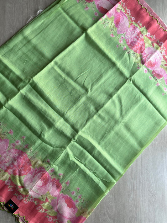 Pastel Green Scallop Border Digital Printed Mangalagiri Silk Cotton Saree-30485