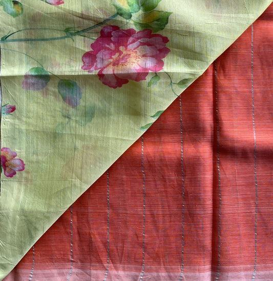 Coral Orange Mangalagiri Silk Cotton Saree with Digital Printed Pallu and Blouse-30487