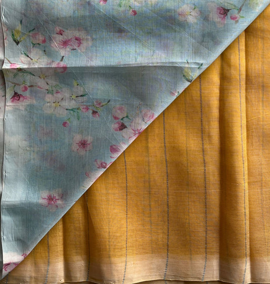 Saffron Yellow Mangalagiri Silk Cotton Saree with Digital Printed Pallu and Blouse-30488