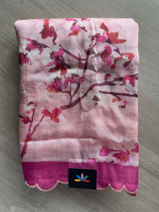 Pastel Pink Scallop Border Digital Printed Mangalagiri Silk Cotton Saree - 32301