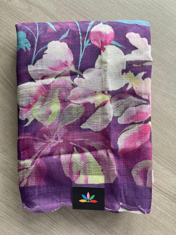 Dark Lavender Scallop Border Digital Printed Mangalagiri Silk Cotton Saree - 32302