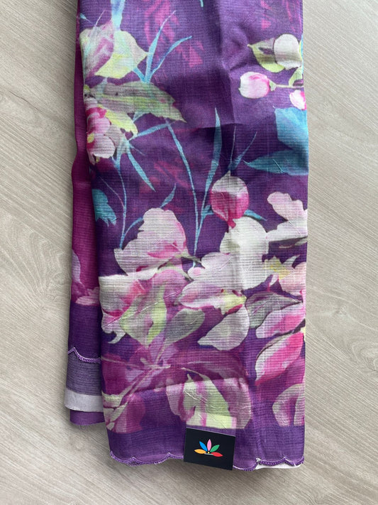 Dark Lavender Scallop Border Digital Printed Mangalagiri Silk Cotton Saree - 32302