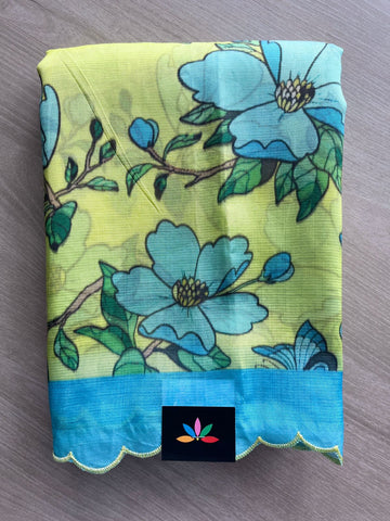 Pale Lime Yellow & Baby Blue Scallop Border Digital Printed Mangalagiri Silk Cotton Saree - 32303