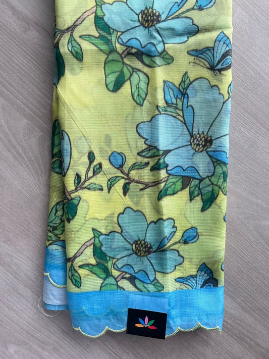 Pale Lime Yellow & Baby Blue Scallop Border Digital Printed Mangalagiri Silk Cotton Saree - 32303