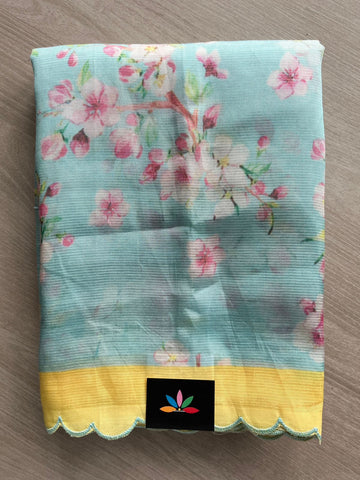 Powder Blue Scallop Border Digital Printed Mangalagiri Silk Cotton Saree - 32306
