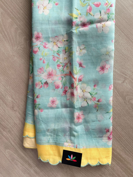 Powder Blue Scallop Border Digital Printed Mangalagiri Silk Cotton Saree - 32306