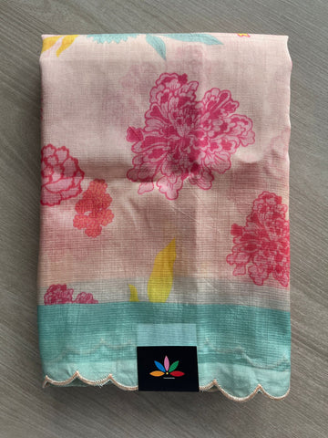 Pale Pink Scallop Border Digital Printed Mangalagiri Silk Cotton Saree - 32307