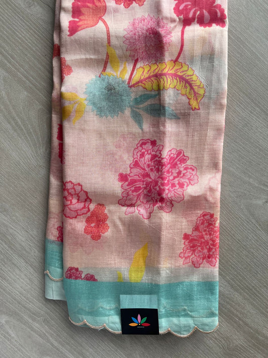 Pale Pink Scallop Border Digital Printed Mangalagiri Silk Cotton Saree - 32307