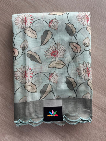 Jungle Mist Shade Scallop Border Digital Printed Mangalagiri Silk Cotton Saree - 32308