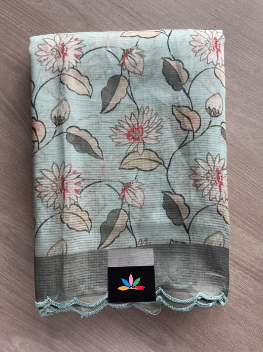 Jungle Mist Shade Scallop Border Digital Printed Mangalagiri Silk Cotton Saree - 32308