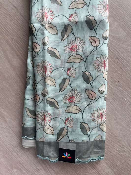 Jungle Mist Shade Scallop Border Digital Printed Mangalagiri Silk Cotton Saree - 32308