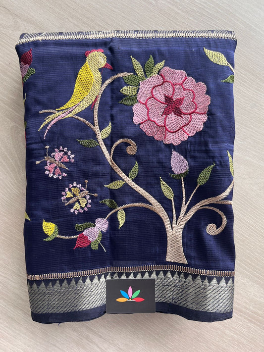Space Blue Embroidered Handloom Mangalagiri Silk Cotton Saree - 32337